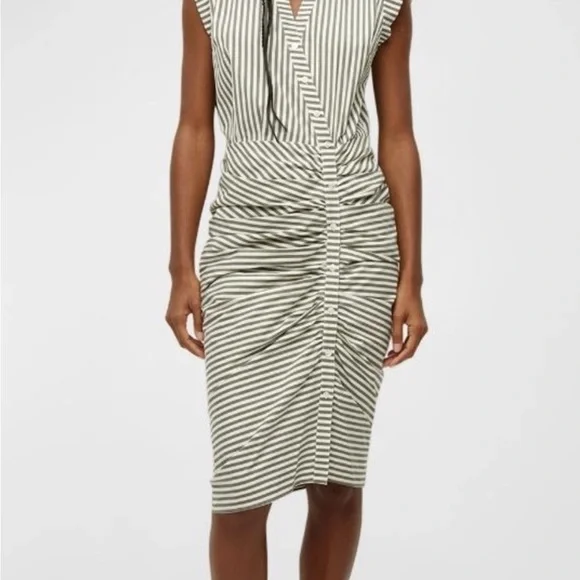 Veronica Beard Ruched Striped Shirtdress White & Olive Green Size 8 - Picture 2 of 13